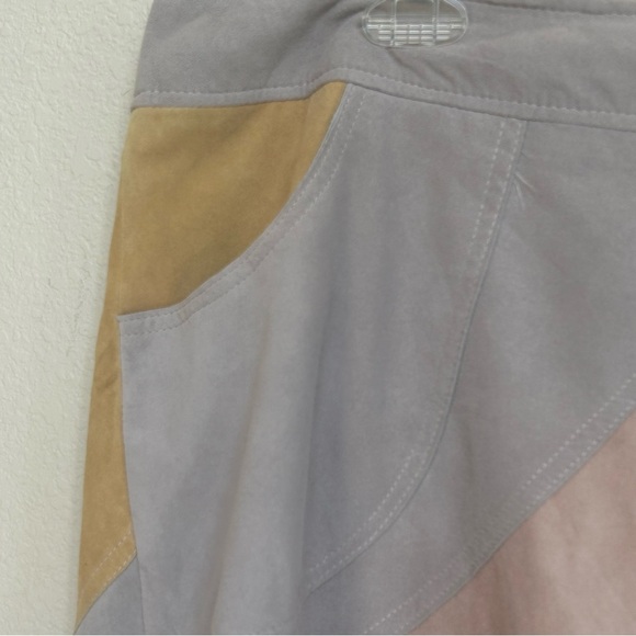 Anthropologie HD in Paris Patchwork Suede Leather Mini Skirt Taupe Pink Size 16 - Picture 7 of 10